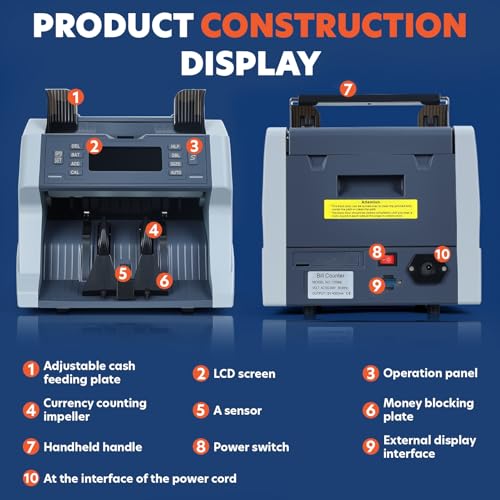sxvbdway Money Counter Machine XD-500, UV/MG/IR/HLF/DBL/Size Counterfeit Detection Bill Counter, Mixed Denomination Cash Counter with LCD Display, Support USD and Euro US Plug