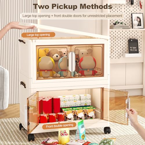Ergocar Storage Box, Magnetic double opening door large -capacity locker，Transparent Stacking Plastic Storage Boxes with Pulley, for Bedroom, Living Room, Office and Kitchen