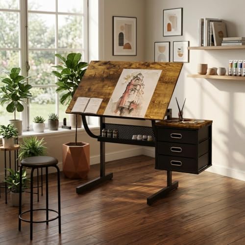WZONICE98 Black Drafting Table with Stool and 3 Drawers, Adjustable Tilting Drawing Desk, Art Craft Table with Storage, MDF & Metal, 45.67" L x 23.6" W