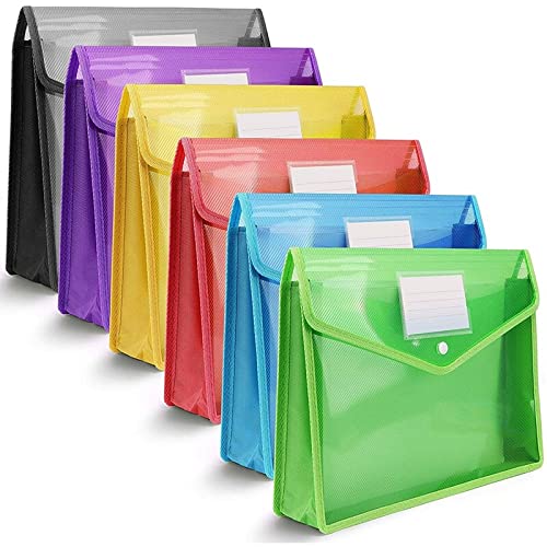 File Folder A4 Plastic Wallets with Popper Plastic Document Envelope File Folder with Snap Button File Bags for Important Documents Folder Organizer Storage Bags for School Office (6 Pack) Expandin