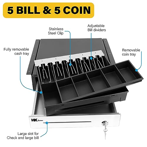 HK SYSTEMS 16" "Stainless Steel" Front Heavy Duty Black POS Cash Drawer with 5Bill/5Coin with Under Counter Mounting Metal Bracket