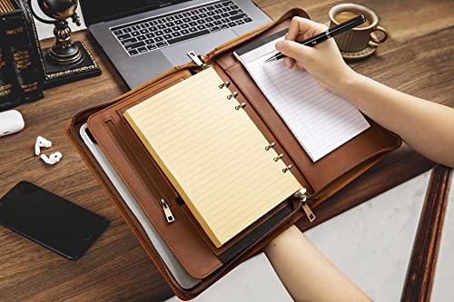 GZRHKJ A5 Genuine Leather Portfolio Notebook Binder, 6 Ring Binder Notebook Portfolio, Refillable Notebook A5 Planner Binder with Binder Pockets (Standard,Brown)