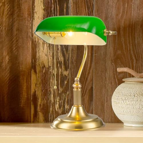 ELUKHT Brass V-intage Bankers Lamp/Art Deco Classic Antique Table Lamp, Retro Bankers Lamp Gold and Green Shade Glass, E27 Indoor Lighting,
