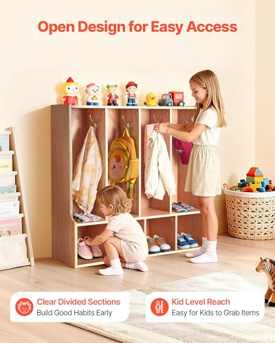 VEVOR 4-Section Coat Locker with Bench, Kids Lockers with 8 Hooks & Non-Slip Mat, Classroom Cubbies for Daycare, Home, Kindergarten- Natural