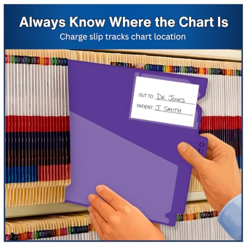 Doctor Stuff - Center Tab Vinyl Out Guides, Diagonal Cut Front Pocket, Top Charge Out Slip Pocket, Plastic File Folder, Letter Size 9" x 13-1/4", Purple, 100/Box