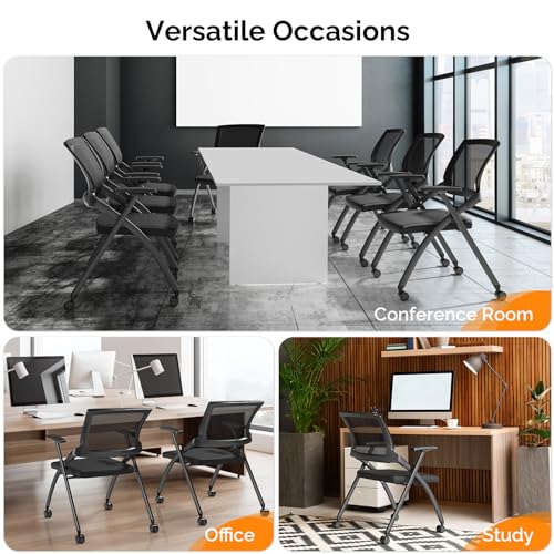 1 Pack Office Guest Reception Chairs,Ergonomic Folding Mesh Office Desk Chair,Stackable & Foldable Conference Room Chairs,Mesh Comfy Desk Chair with Wheels,for Home, Office, Training Room (Black)