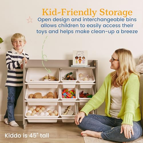 ECR4Kids 3-Tier Organizer with Shelf and 9 Removable Plastic Bins, 3x3, Toy Storage, Grey/White