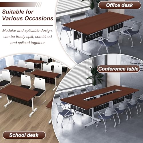 MOFGOE Large Conference Room Table, Folding Training Table with Wheels, Mobile Seminar Desk, for Office Classroom Meeting, Modular Spliced ​​& Combined, Brown,1pack,55x24x30 Inch