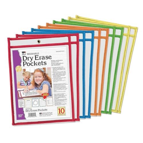 Charles Leonard - Reusable Clear Dry Erase Pockets, Holds Worksheets Up To 9 x 12 Inches, Assorted Colored Piping, 10-Pack of Pockets (29010)