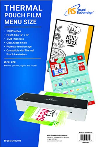 Royal Sovereign Thermal Laminating Pouches, 5 Mil, Menu Size 18" x 12" x 0.8" Inches, Clear Gloss, 100 Pouches (RF05MENU0100)