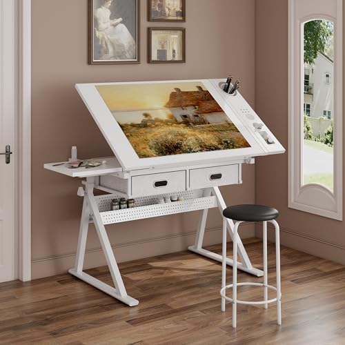 WZONICE98 Adjustable Drafting Table with Stool & 2 Drawers, Height Adjustable Tilting Art Desk, White Drawing Desk with Storage for Home Office, School, Painting, All White