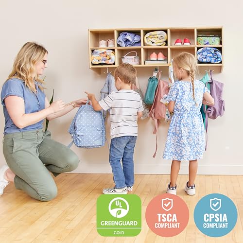 ECR4Kids Streamline 10-Section Wall-Mounted Hanging Cubby Coat Locker, Classroom Furniture, Natural