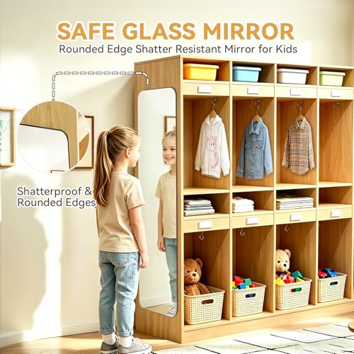 20-Section Classroom Coat Locker with Scratch-Resistant Mirror, Daycare Cubbies with Acrylic Name Tags & Hooks & Storage Cubbies, Natural Wood Classroom Cubbies for Classroom, Home, School, Nursery