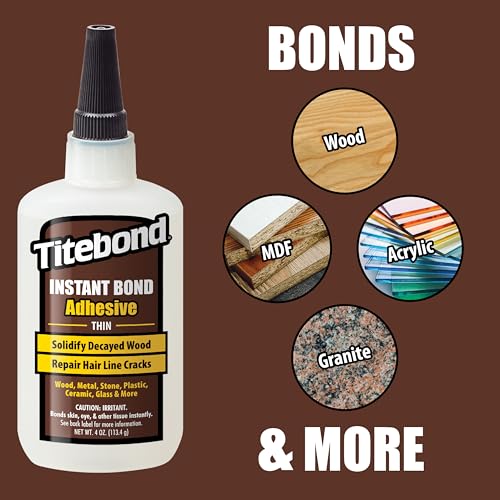 Titebond Instant Bond Thin Adhesive, 3-second Bond, Home Repair, Woodworking, Crafts, Hairline Cracks, Filling Wood Knots, 4 oz. 6202