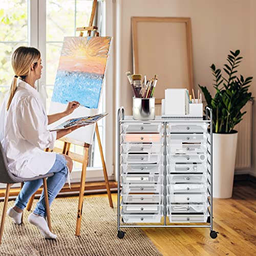 RELAX4LIFE 20 Drawer Rolling Storage Cart, Mobile Rolling Cart w/Drawers for School Classroom Teacher Office Home Salon, Paper File Art Supply Craft Organizer, Utility Cart on Wheels (Clear)