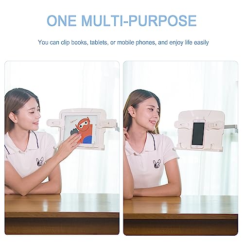 Buhelyc Book Stand with Clamp, Tablet Stand Holder, Adjustable Height, with Page Clips for Reading Hands Free, Sturdy, Rotatable, Table Side Design, Suitable for Book, Tablet, Phone