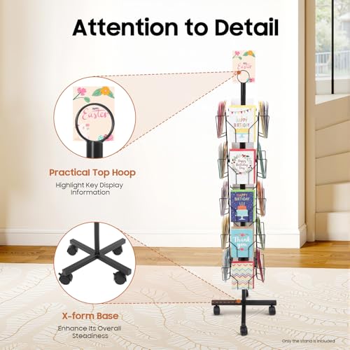 Rotating Greeting Card Rack, 20 Pocket 5 Tier Display Stand 360° Rotating Floor Stand Metal Postcard Holder Pocket Rotating Holder w/ 4 Wheels for Postcard Sticker Holiday Gift Card Retail (Black)