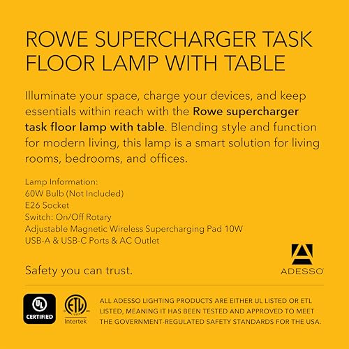 Adesso Floor Lamp with Table, Antique Brass & Wood, Wireless Charging, 56”