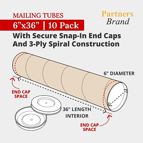 PARTNERS BRAND Cardboard Tubes with Caps, 36"L x 6"W x 6"H, Pack of 10 | Poster Tube for Mailing and Storage of Blueprints, Artwork, Crafts, Long Art Holder, 36 inches