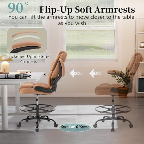 Ergonomic Drafting Chair, Tall Office Chair for Standing Desk, High Back Standing Desk Chair with Flip-Up Armrest, Adjustable Height&Foot Ring, Executive Extended Height Office Chairs,PU Leather Brown