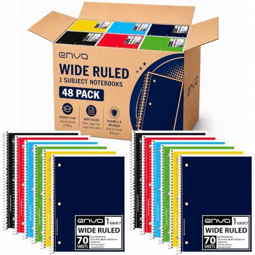 ENVO Spiral Notebook, 1 Subject, Spiral Notebook Wide Ruled, Spiral Notebook 8 x 10.5, Notebooks Bulk, School Supplies, Office Supplies, 70 Sheets, (48, Wide Ruled)