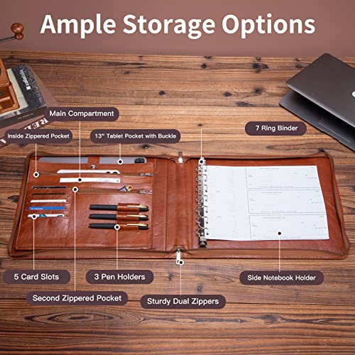 Geslun Custom Leather 7 Ring Check Binder Zippered, 3-On-A-Page for 9 x 13”