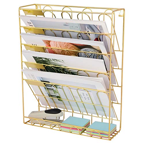 SUNESA File Rack Metal Magazine Newspaper Rack Hanging Wall File Organizer, 5 Slot Wire Metal Wall Mounted Document Holder for Office Home, Gold File Organizer