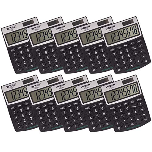 Victor 1000 8-Digit Standard Function Calculator, Battery and Solar Hybrid Powered Angled LCD Display, Great for Home and Office Desks / 10 Pack