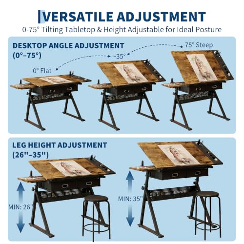 Garvee Height Adjustable Drafting Table, 0-75°Tilting Drawing Desk