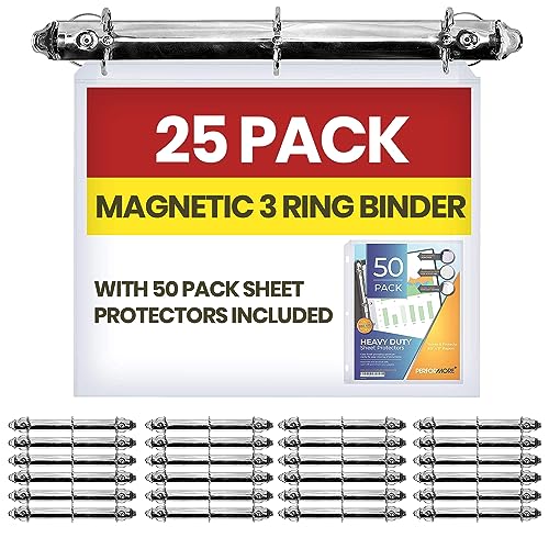 25 Pack Magnetic 3 Ring Binder, 1 Inch Locking D-Ring, 50 Protectors