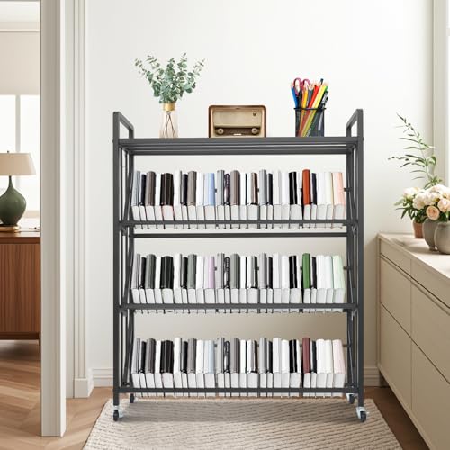 4 Tier Rolling Book Cart 35.4 in Black Metal Shelf