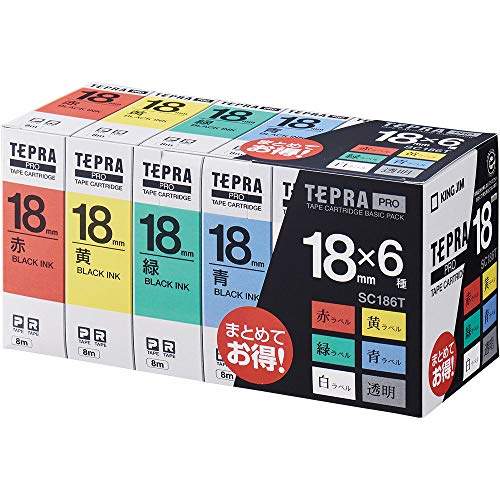 King Jim SC186T Tepra PRO Tape Cartridge, Basic Pack, 0.7 inches (18 mm), 6 Pieces (Red, Yellow, Green, Blue, White, Transparent, Black Letters), Length 22.8 ft (8 m)