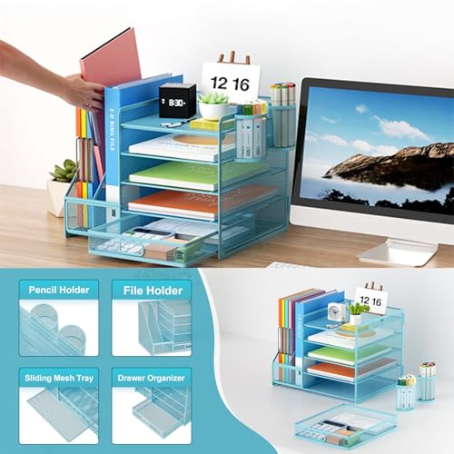 HurtSong Desk Organizers and Accessories with File Holder, 5-Tier Desk Accessories & Workspace Organizers with Drawer and 2 Pen Holder, Paper Organizer for Office Supplies(Blue)