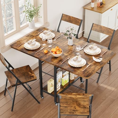 GAOMON 5 PCS Farmhouse Dining Table Set for 4, 47" Large Wooden Folding Dining Table Set with 4 Foldable Chairs, Drop Leaf Foldable Kitchen Table on Wheels, Sturdy Steel Frame ＆ Space Saving, Retro