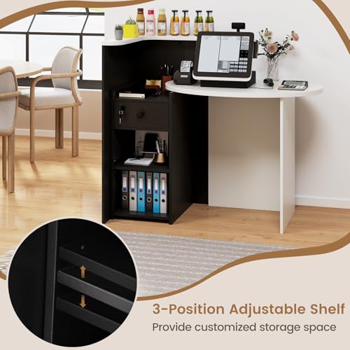 SILKYDRY Reception Desk, Small Retail Checkout Counter with Lockable Drawer and Open Shelves, Wooden Front Desk Reception Counter, Oval Desktop & L Counter for Store Office Lobby Salon (White & Black)