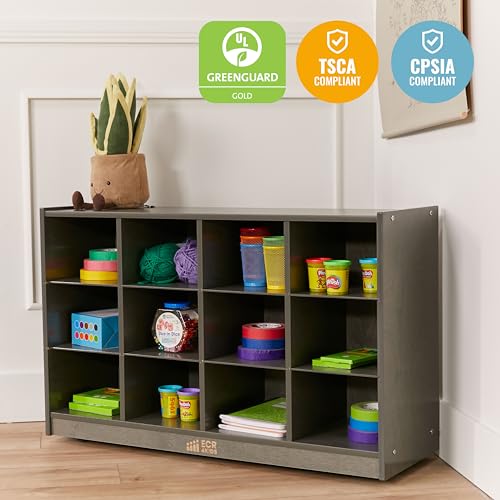 ECR4Kids 12 Cubby Mobile Tray Storage Cabinet, 3x4, Grey Wash