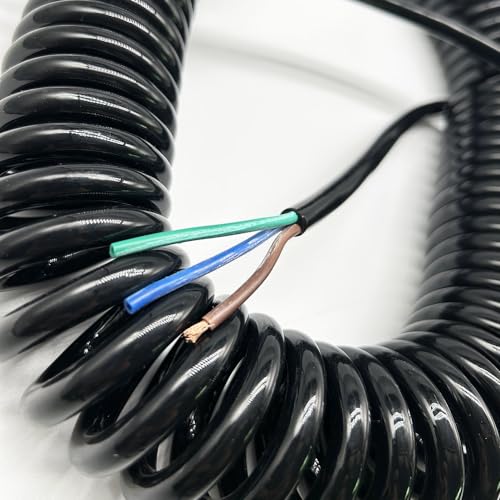 Coiled Mains Flex Curly Spring Cord 3 Core Black Stretchable Spiral Wire