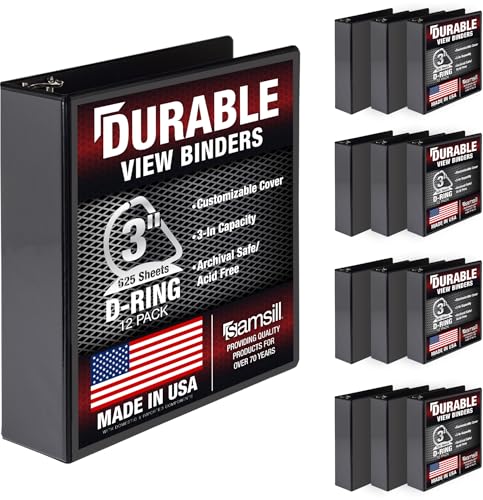 Samsill Durable 3 inch 3 Ring Binder, D Ring Binder, 100% Recycled Chipboard, Black, 12 Pack