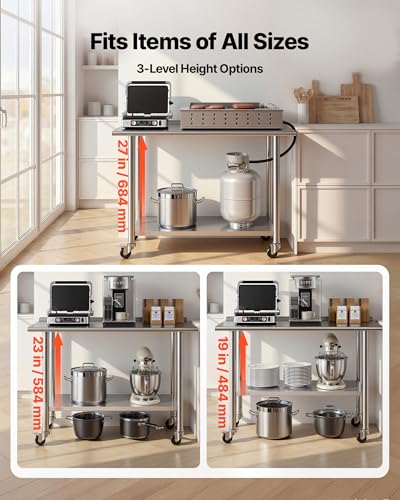 VEVOR Stainless Steel Work Table, 24x48 inch Food Prep Table with Wheels, Commercial Kitchen Workstation with Adjustable Undershelf, Metal Heavy Duty Utility Worktable, for Restaurant Home Outdoor