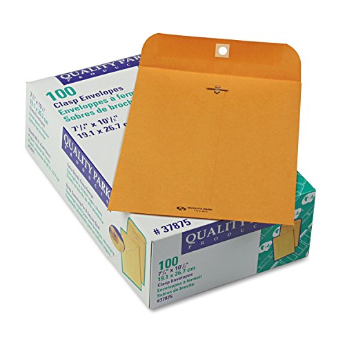 Quality Park 37875 Gummed Clasp Envelope, 28Lb, 7-1/2"x10-1/2", 100/BX, Kraft
