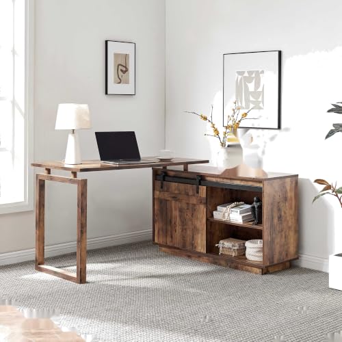 Neojoyoenix Desk L-Shaped Workstation Home Office Attached Storage credenza Sliding barn Door Finished on the Back Reversible Distressed Wood
