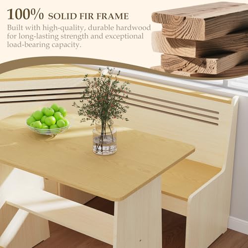 KYLE & KAY Breakfast Nook, Kitchen Nook Corner Table Set with USB, Bench and Storage Shelf, Dining Room Table and Chairs for 4-6, Solid Wood (White and Natural)