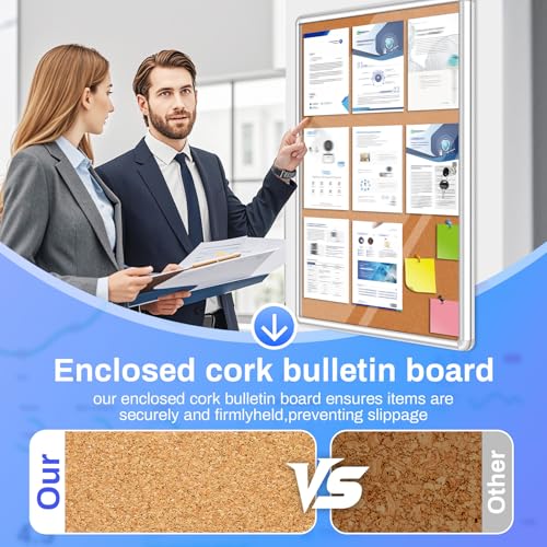 Magula 36"x24" Enclosed Bulletin Board Tamper-Proof Dispaly Case, Aluminium Frame, Shatter Resistant Lockable Bulletin Board, Enclosed Cork Board for School, Office, Commercial, Hospital etc