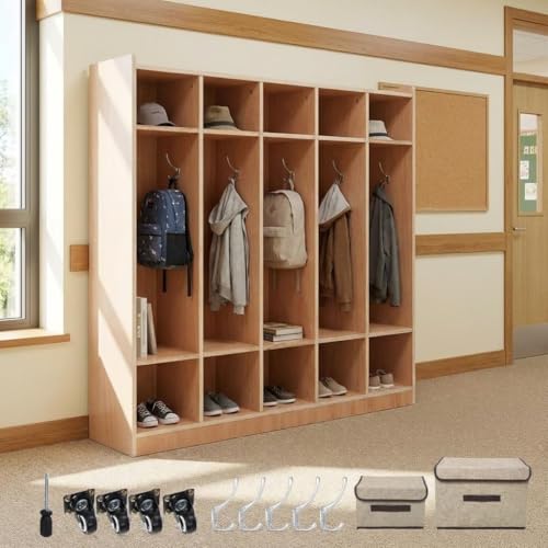 5-Section Kids Coat Locker Cabinet – 10 Glazed Cubbies, 5 Hooks, 2 Storage Boxes, Hidden Wheels – Mobile Children’s Bookshelf & Storage Shelf for Learning space, Daycare, Kindergarten, Home – USA
