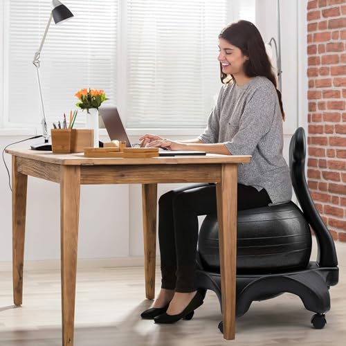 EXCLURA Office Deck Yoga Ball with Back Support, Ergonomic Anti-Burst Ball Chair with Rolling Base, Black Exercise Ball Chair Improve Balance