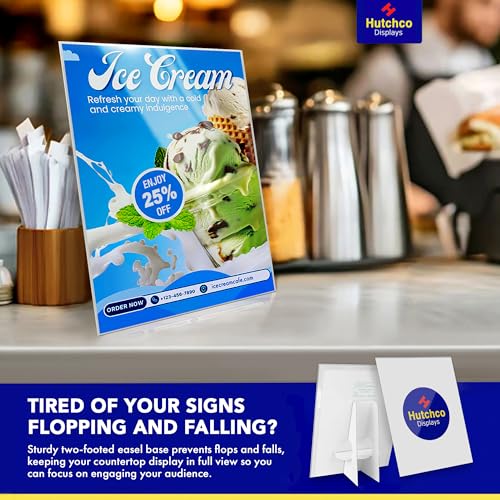 Paper Sign Holder (8.5 x 11 Inches) Plastic Countertop Display w/Shatterproof (No Acrylic) Clear Design & Cardboard Easel Back Tabletop Slant Support for Stackable Lightweight Portable by Hutchco