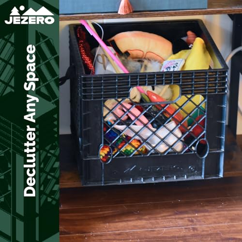 JEZERO 16 Quart Heavy Duty Plastic Crate | Stackable Multi-Purpose Storage Bin for Garage, Home, Office, Groceries, Outdoor, Camping & Kayaking | Black Utility Tote, 13" x 13" x 11"