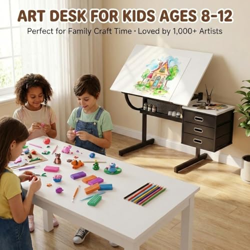 VENLUSUIR Drafting Table with Storage, Adjustable Art Desk & Art Table with Stool, 0-75° Tilting Top, 3 Drawers for Diamond Painting, Architecture, Animation, Office (Adults & Teens) (White)