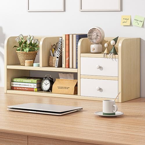 UWYTGF Wooden Desk Hutch Desktop Nizer with Shelves & Drawers Cherry Wood Display Rack for Computer Desk Home Office Storage Solution,92X17X30CM White