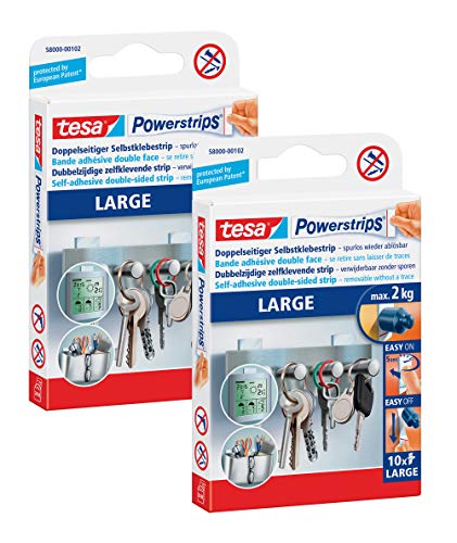 tesa Powerstrips Large - Double sided adhesive strips for mounting items on smooth surfaces (2 packs)